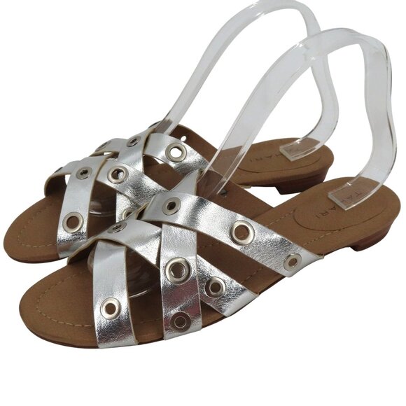 Tahari Drive Womens 10 Faux Leather Metallic Silver Grommet Strappy Sandal Flats - Picture 1 of 12